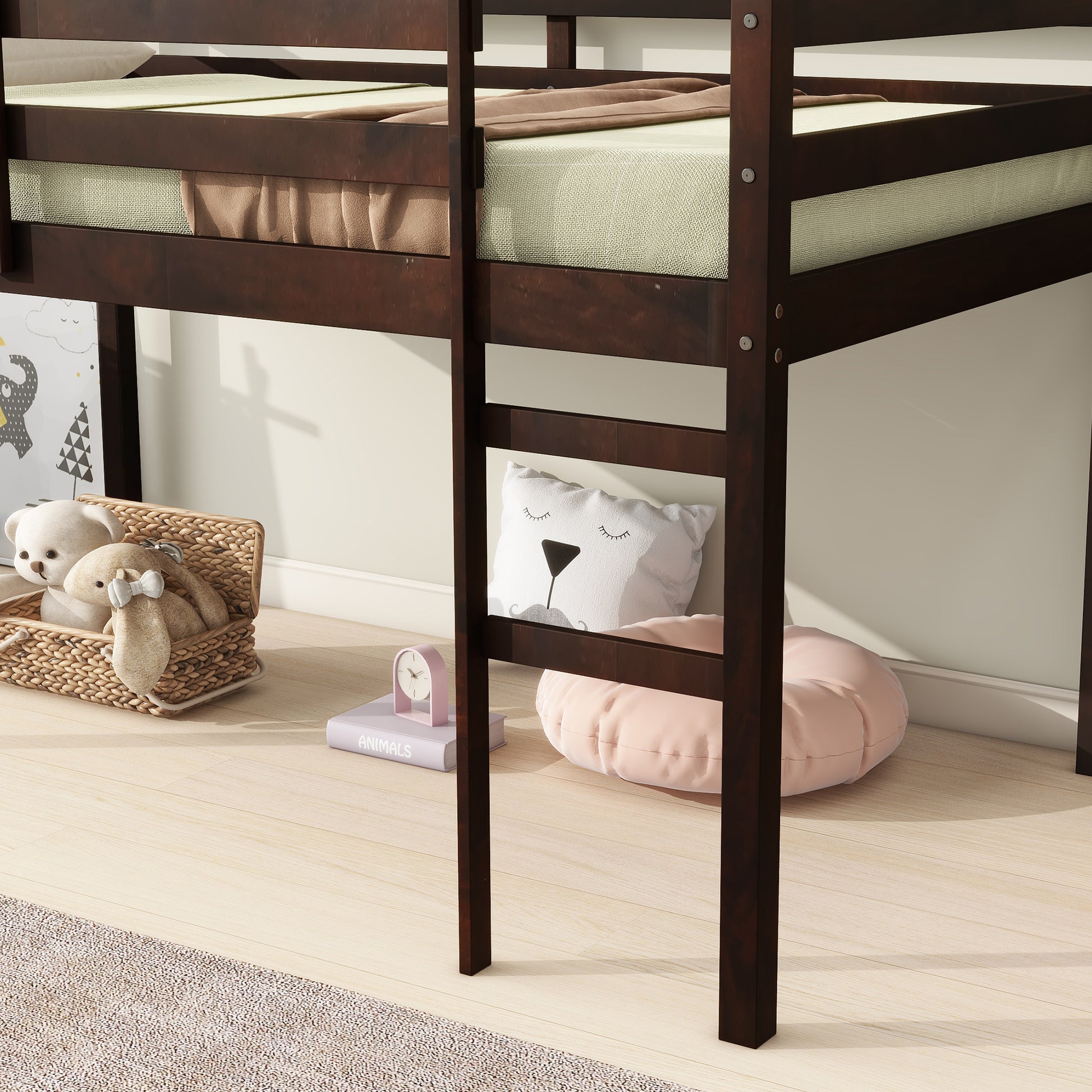 Dark wood loft bed frame with a light green mattress and brown blanket