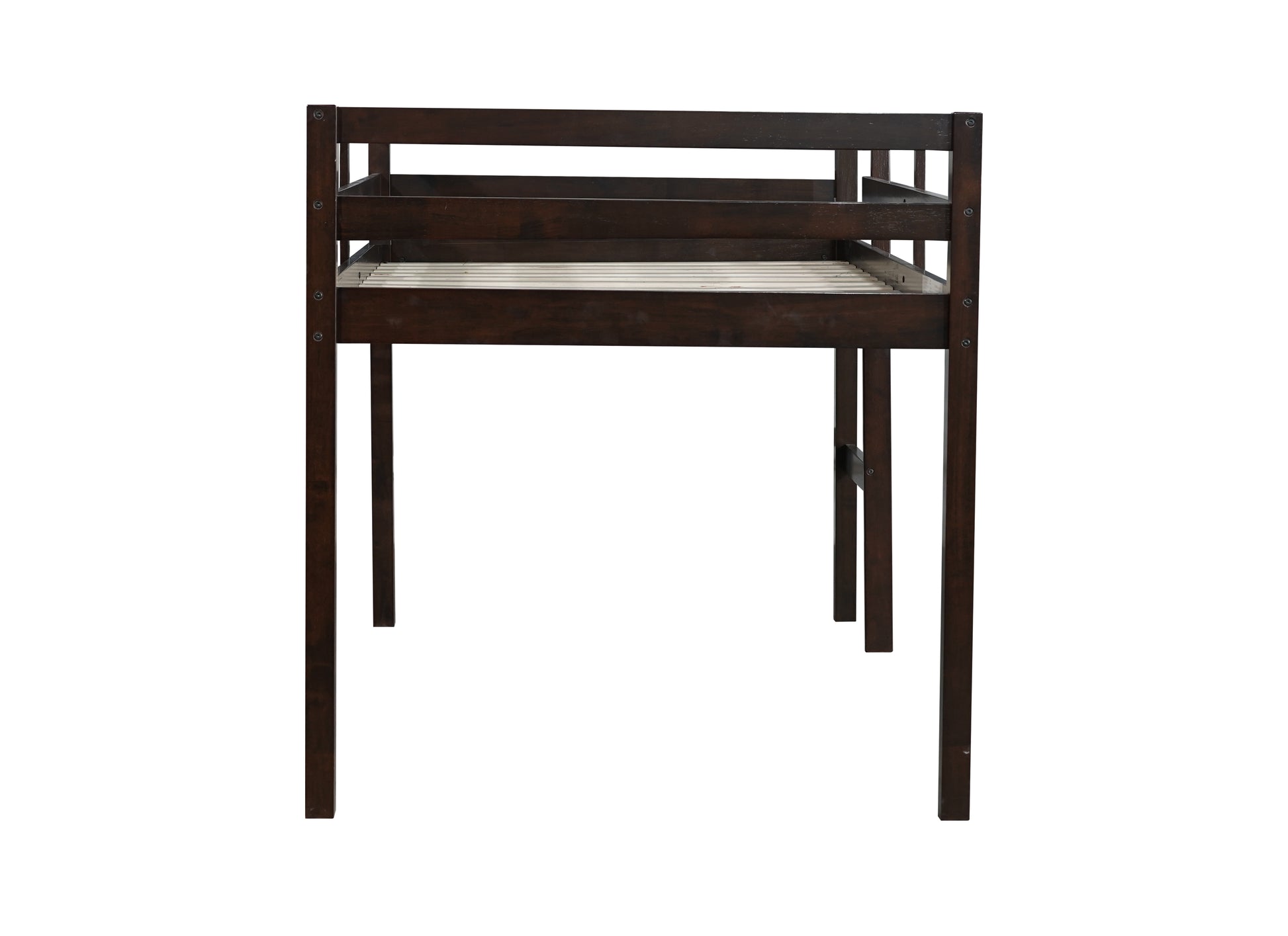 Dark brown wooden bunk bed frame with slatted base visible