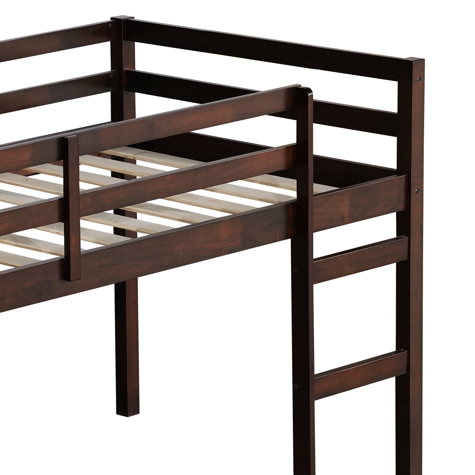Dark brown wooden loft bed frame detail showing railing and ladder