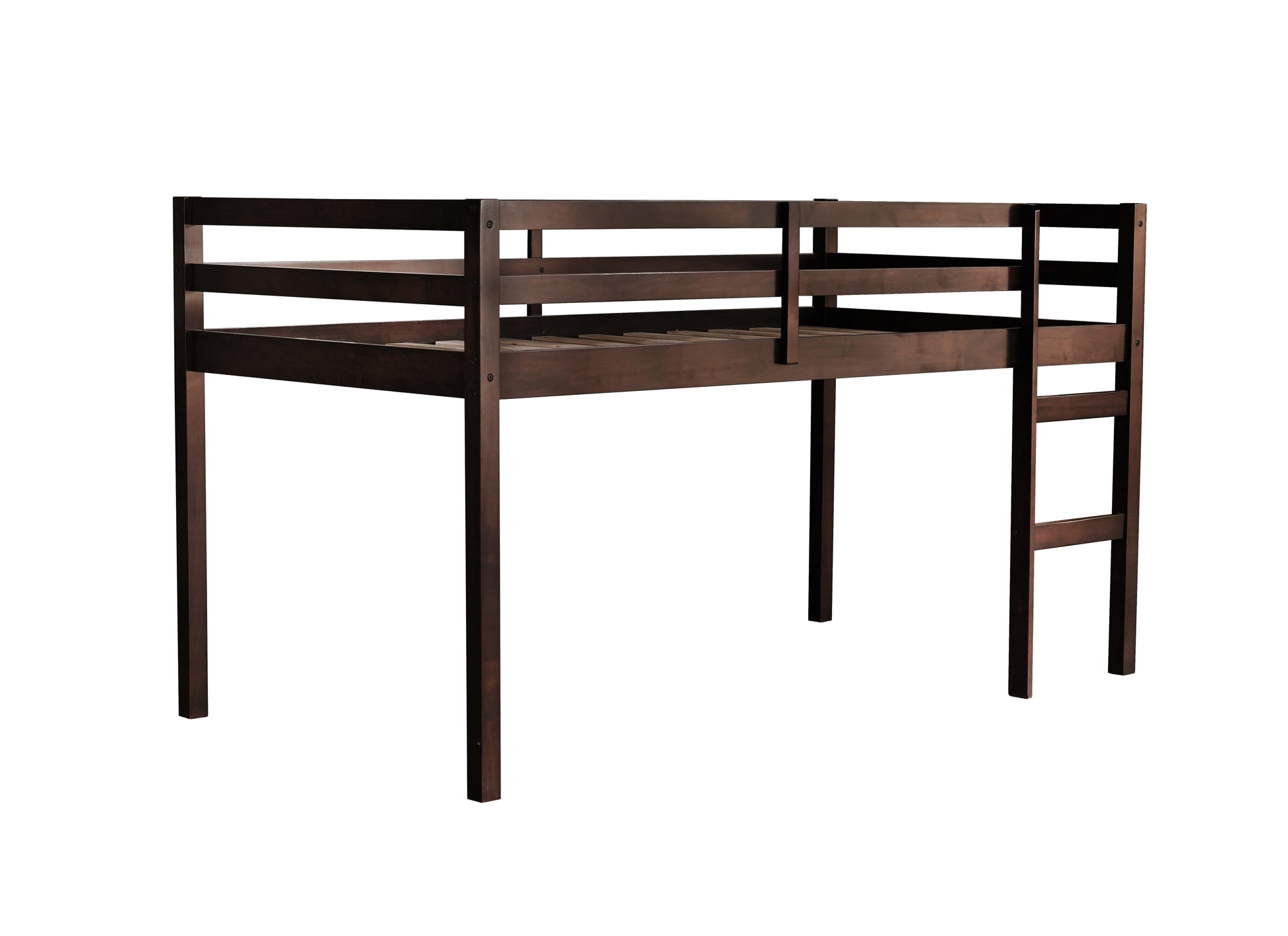 Dark brown wooden loft bed with ladder for kids