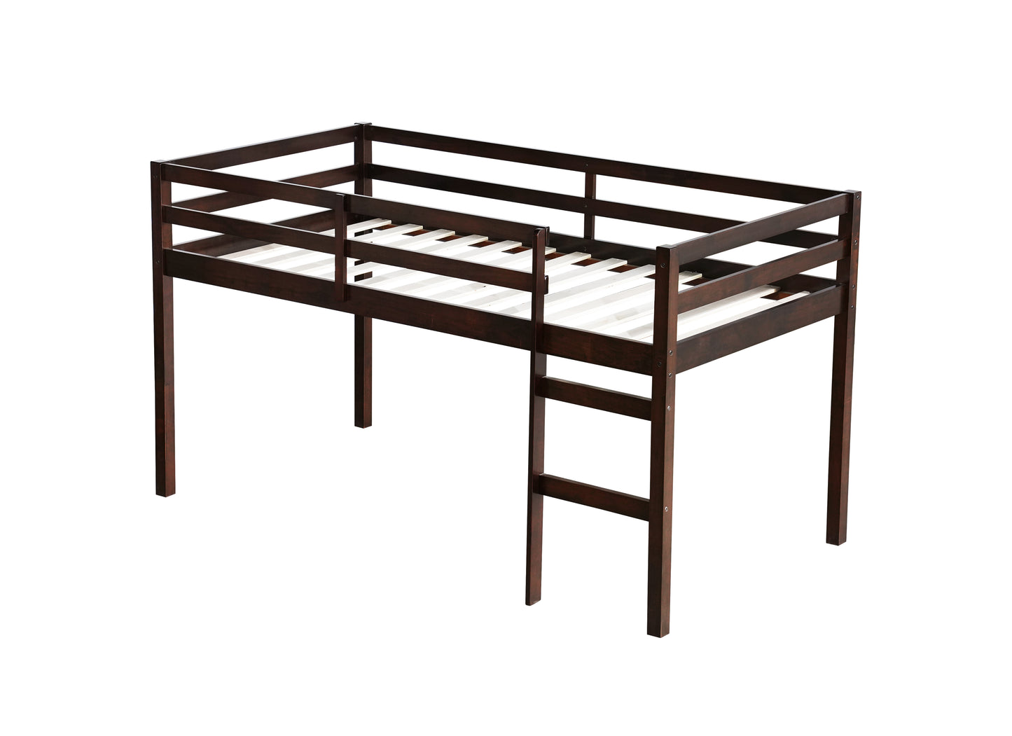 Dark brown wooden twin loft bed frame with ladder and safety rails