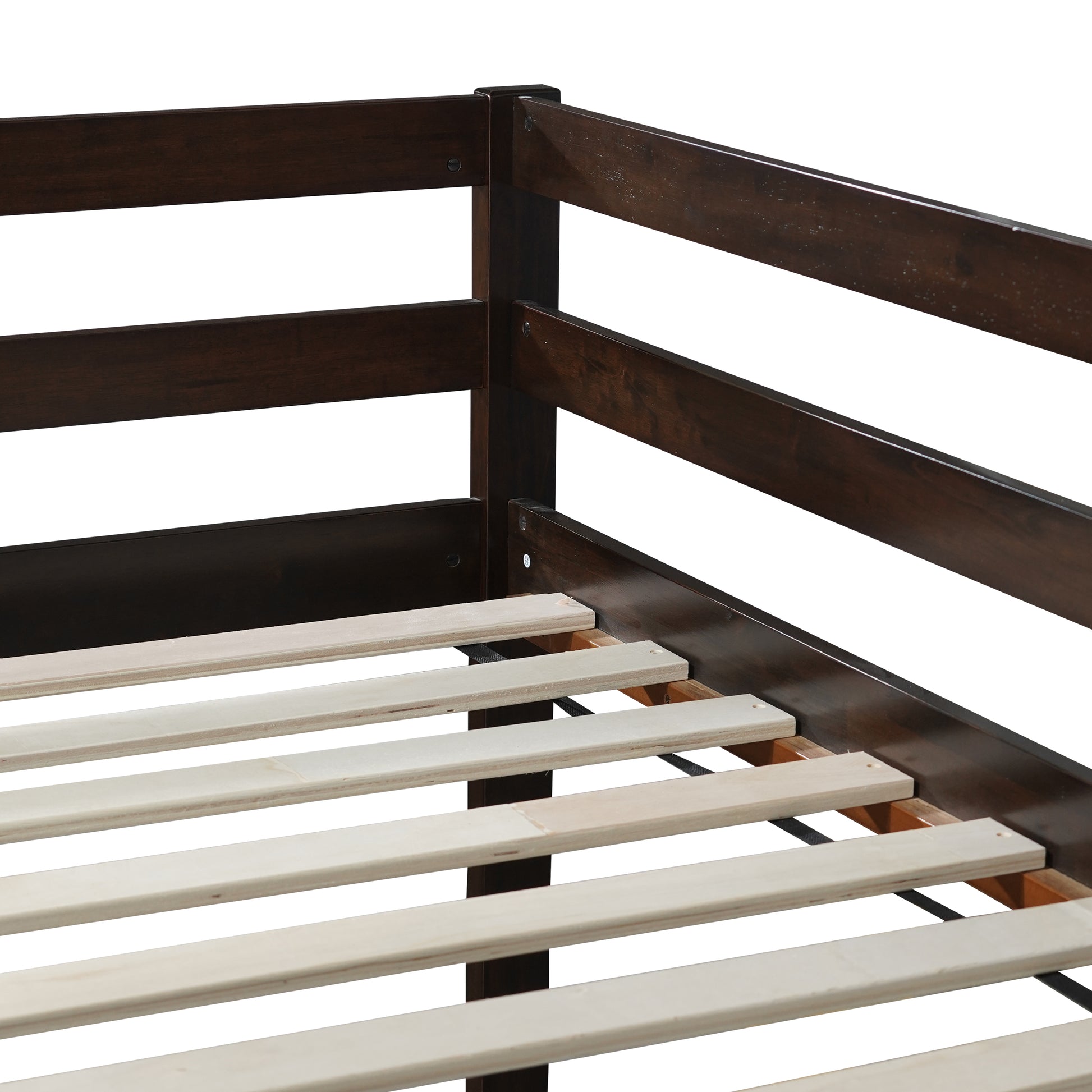 Dark brown wooden bed frame with slatted base
