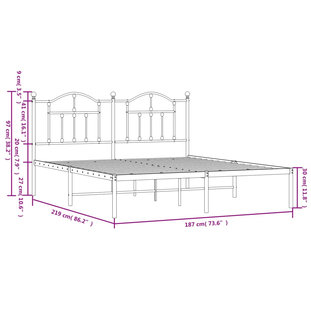Black metal bed frame with ornate headboard and footboard