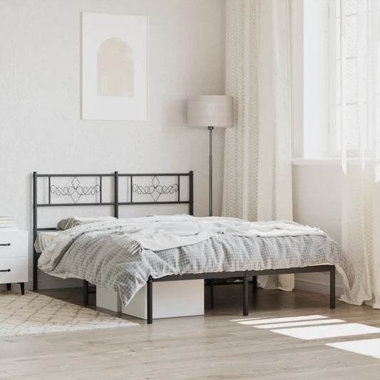 Metal queen bed frame with decorative headboard and black metal finish