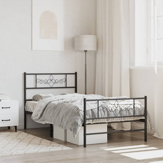 Black metal bed frame with decorative headboard and footboard