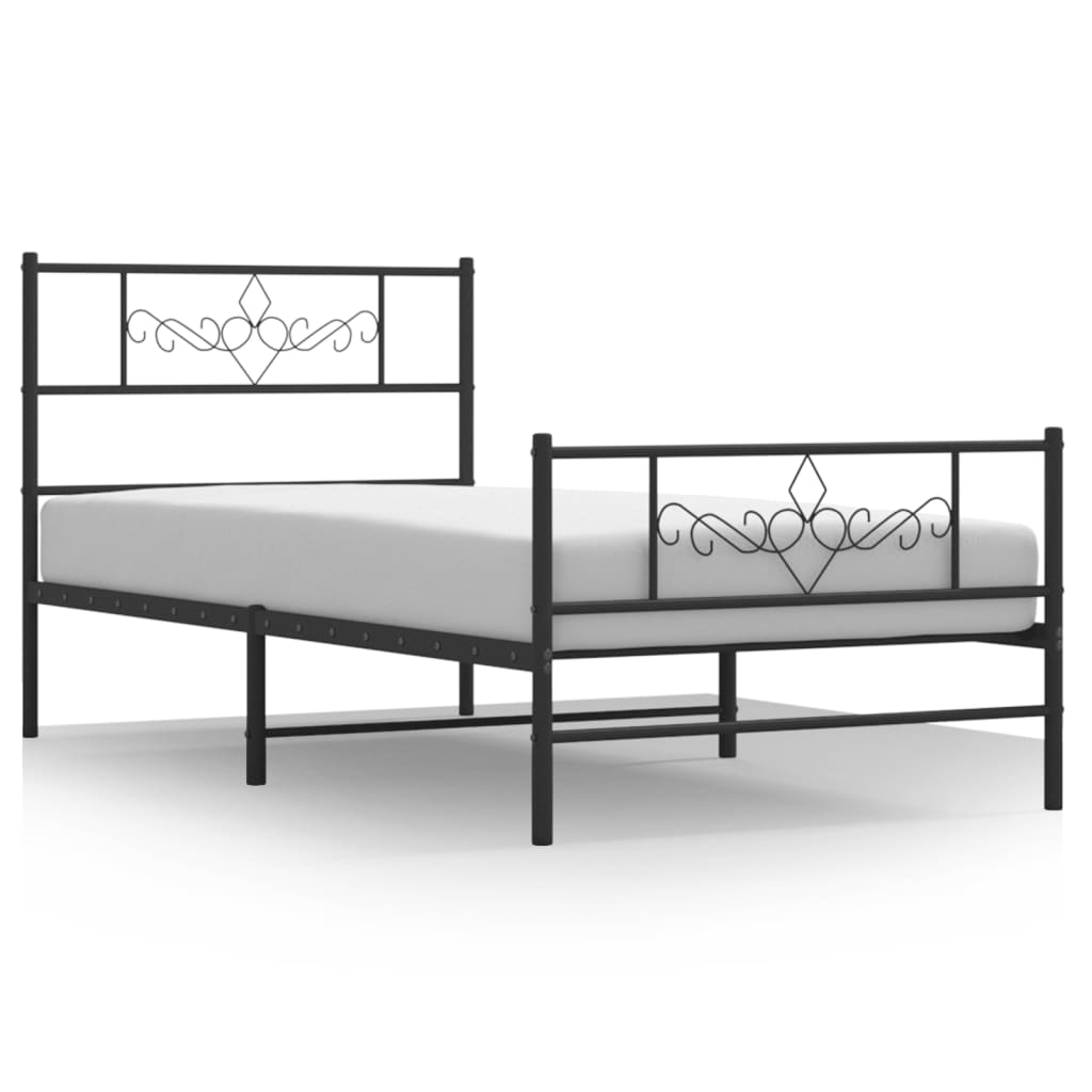 Black metal twin bed frame with ornate headboard and footboard cm length