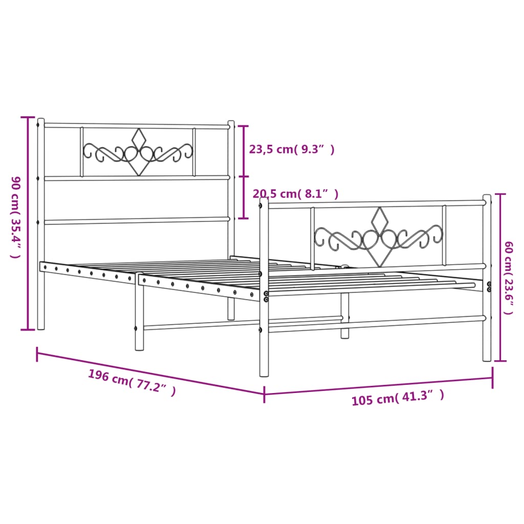 Black metal bed frame with decorative scrollwork on headboards