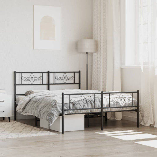 Dark gray metal bed frame with decorative headboard and bedding