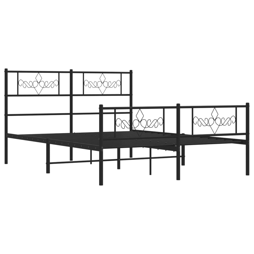 Black metal bed frame with decorative scrollwork headboard and footboard