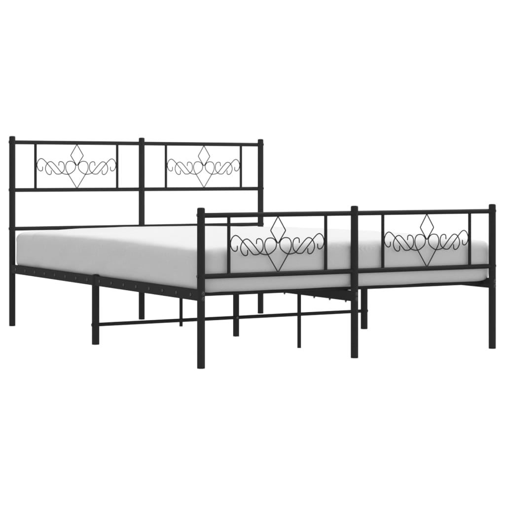 Black ornate metal bed frame with decorative scrollwork on headboard and footboard