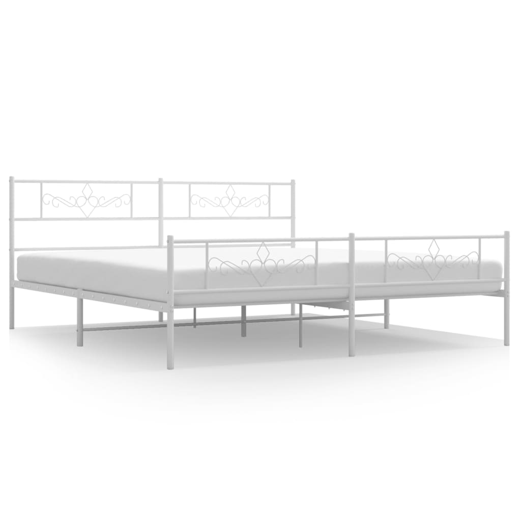 White metal twin bed frame with decorative headboard and footboard showing dimensions