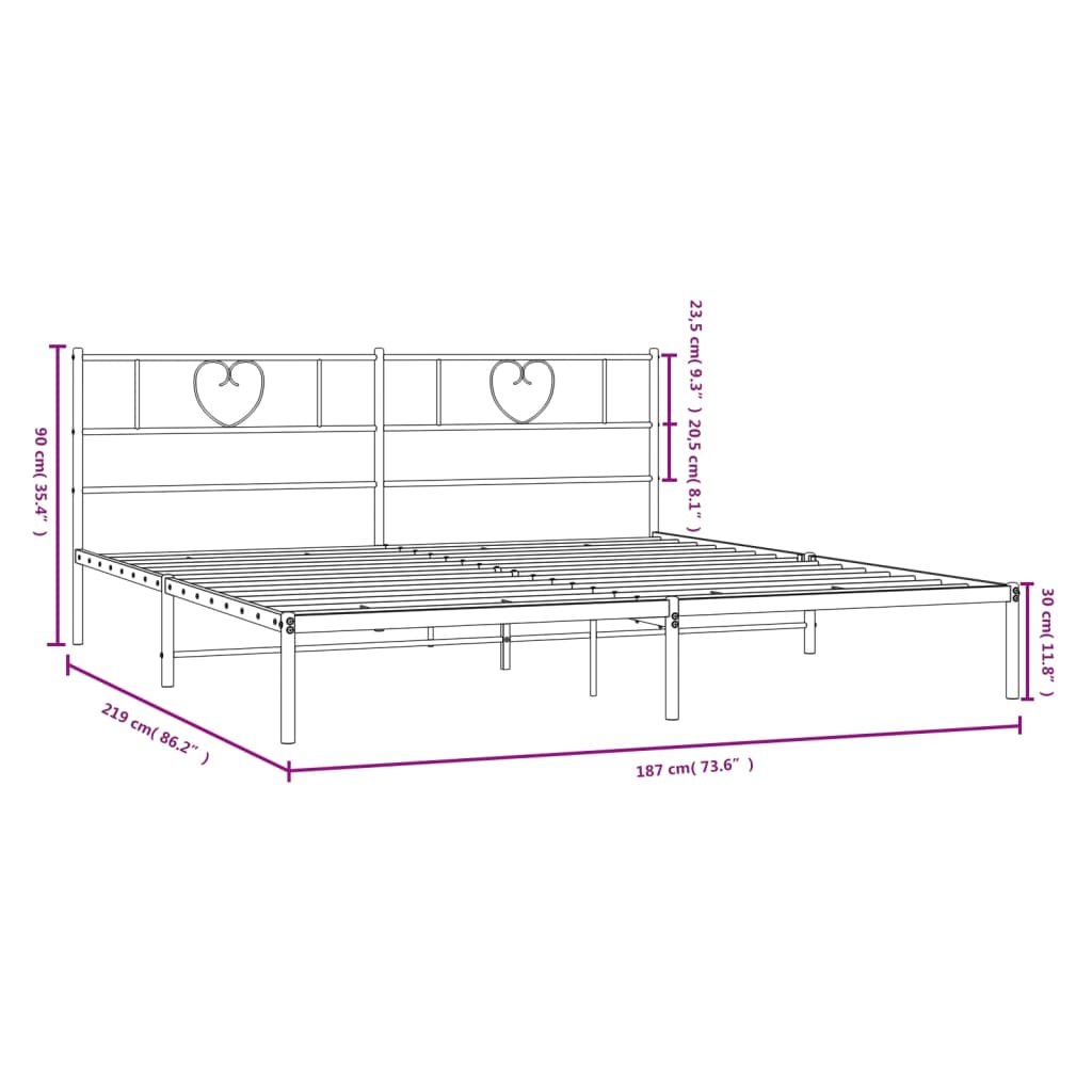 White metal bed frame with heart headboard detail