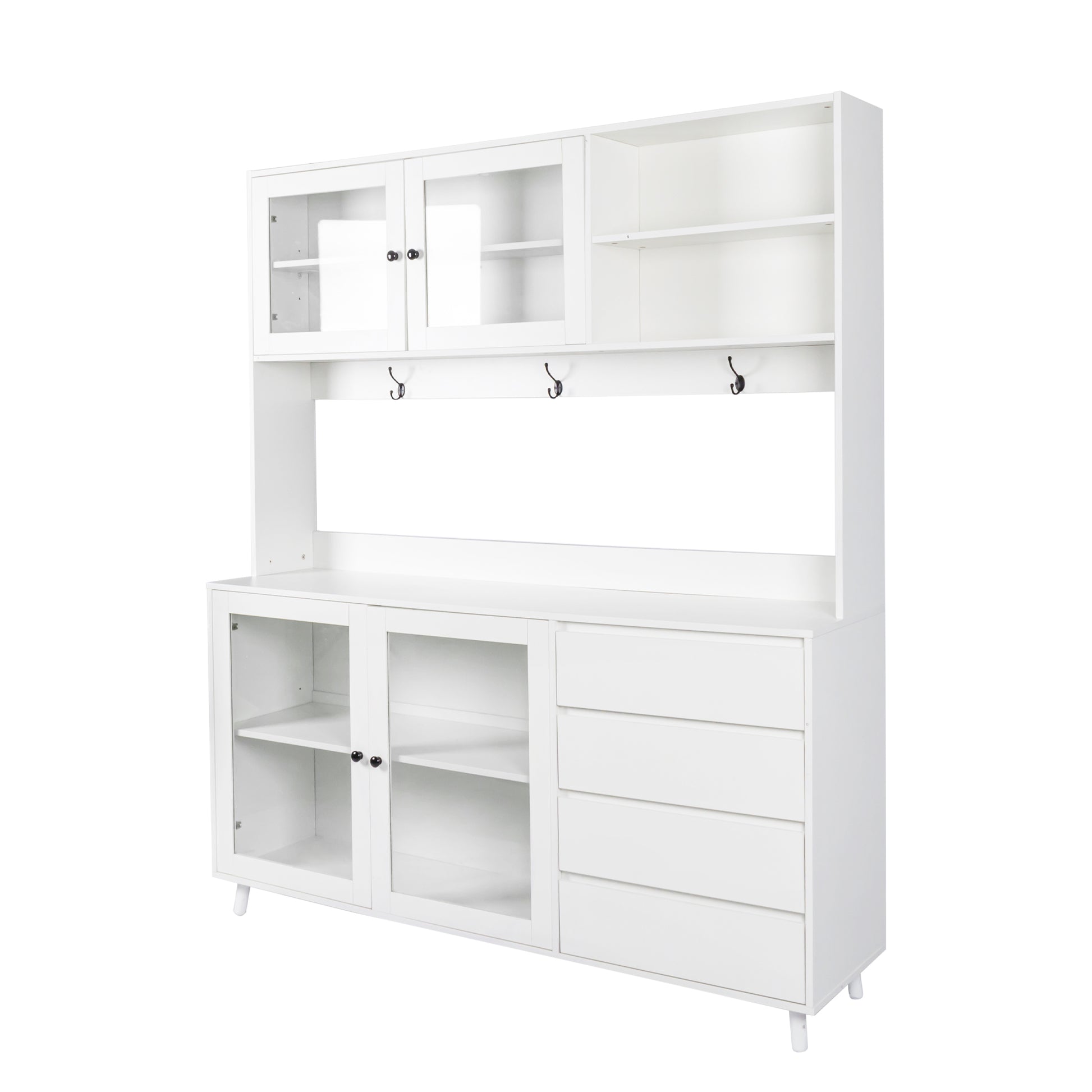White wooden china cabinet with glass doors and four drawers for kitchen storage