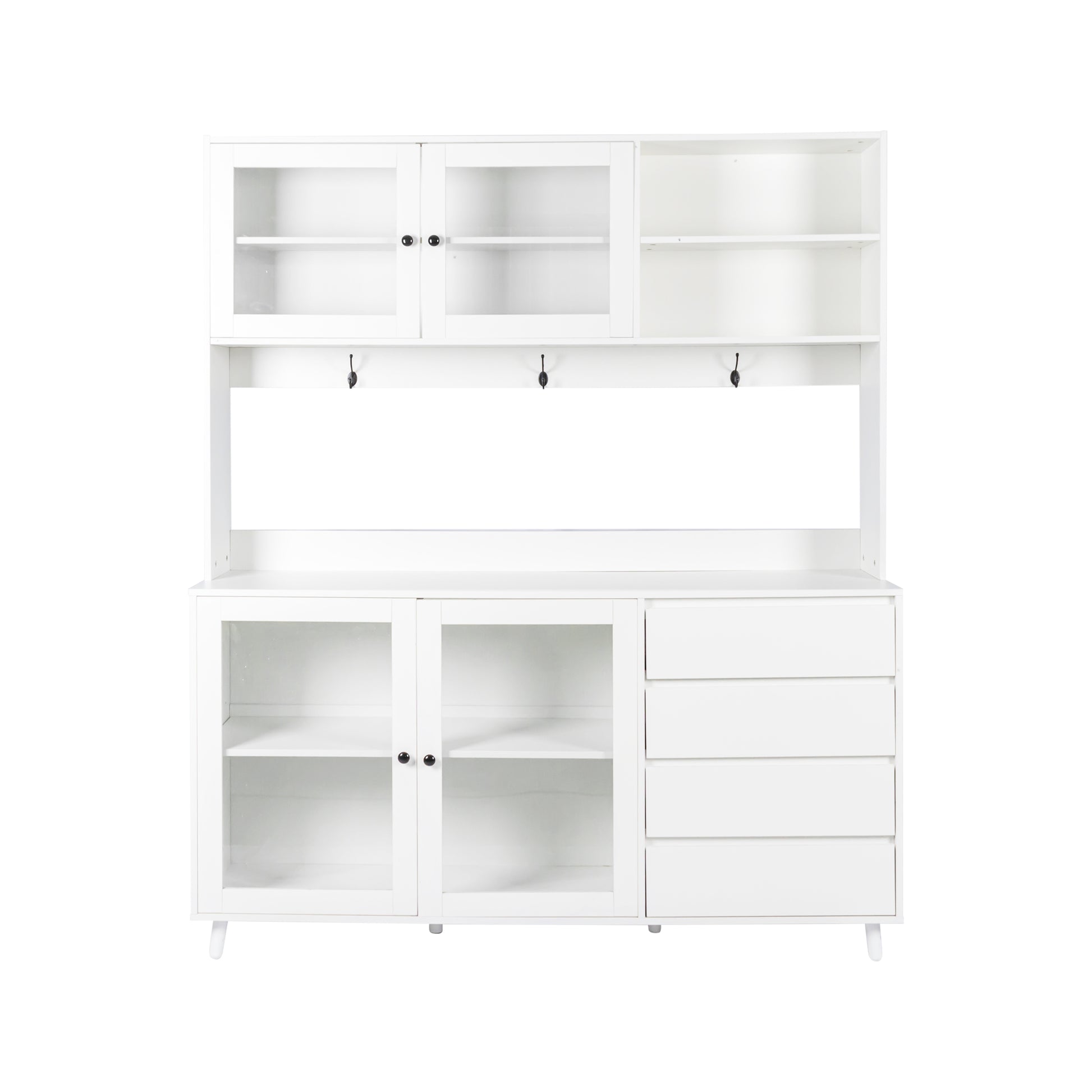 White hutch cabinet with glass doors and four drawers