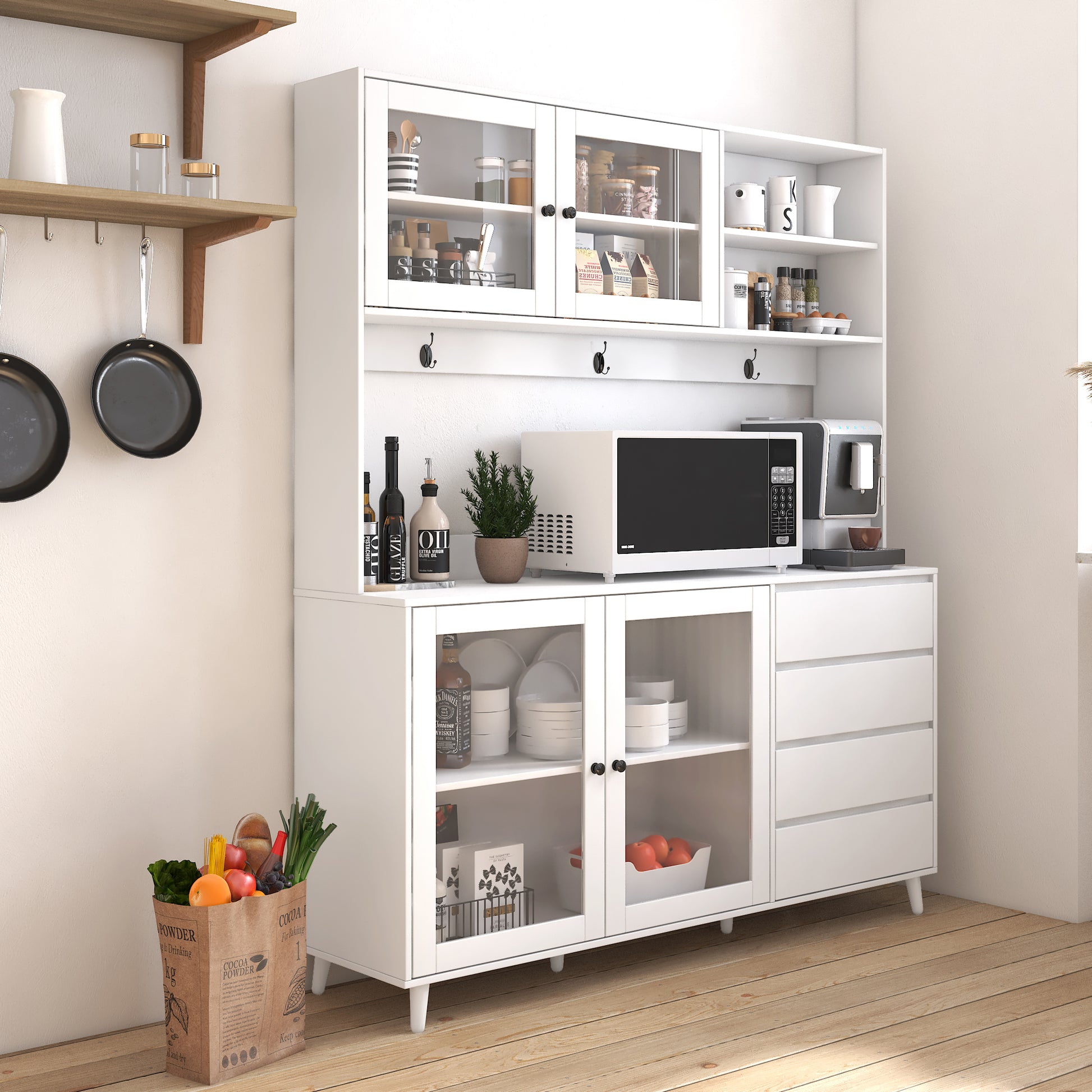 White kitchen hutch with glass doors storing dishes and ingredients