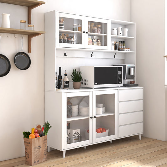 White kitchen hutch with glass doors storing dishes and ingredients