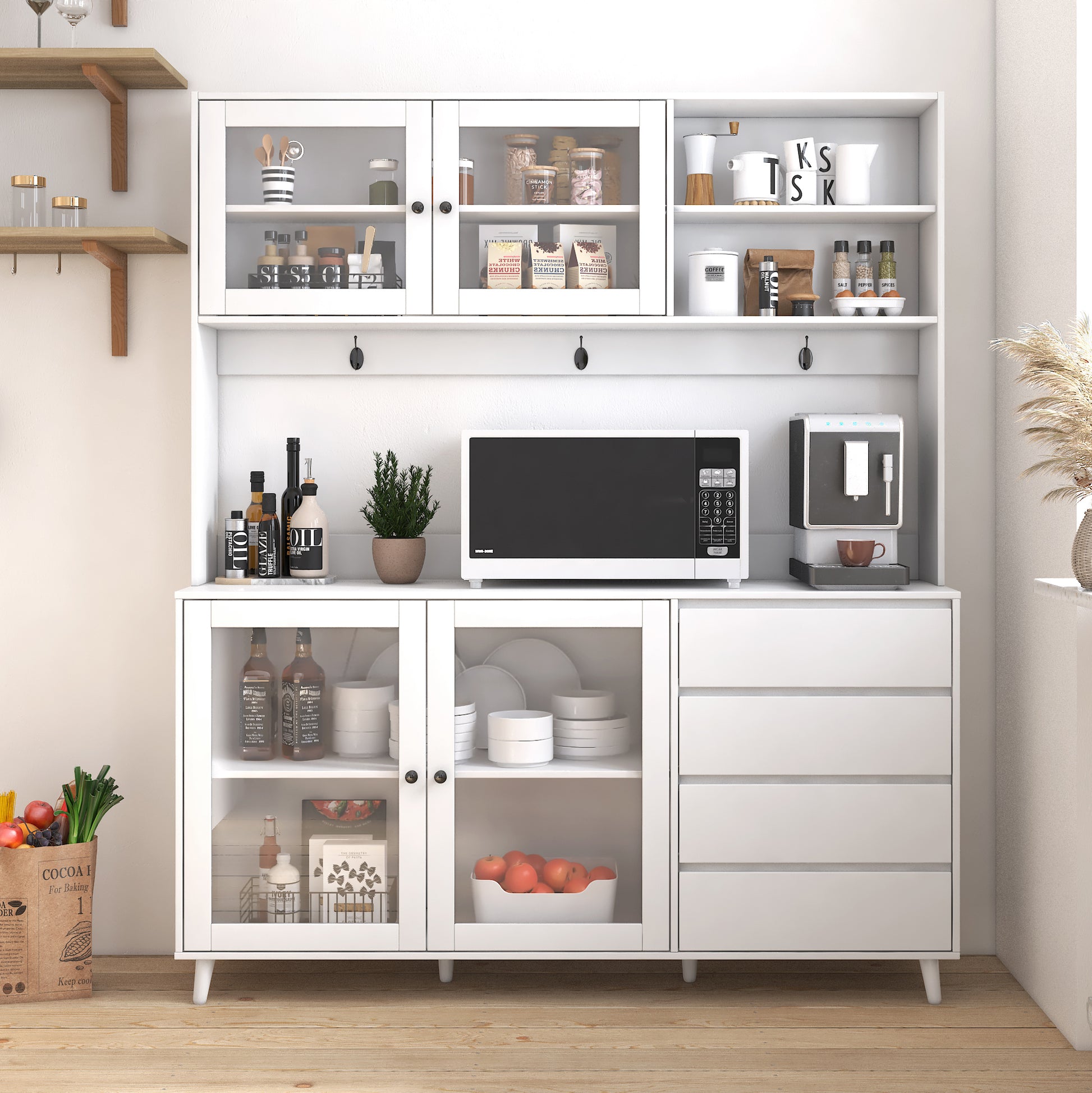 White kitchen hutch with glass doors and microwave