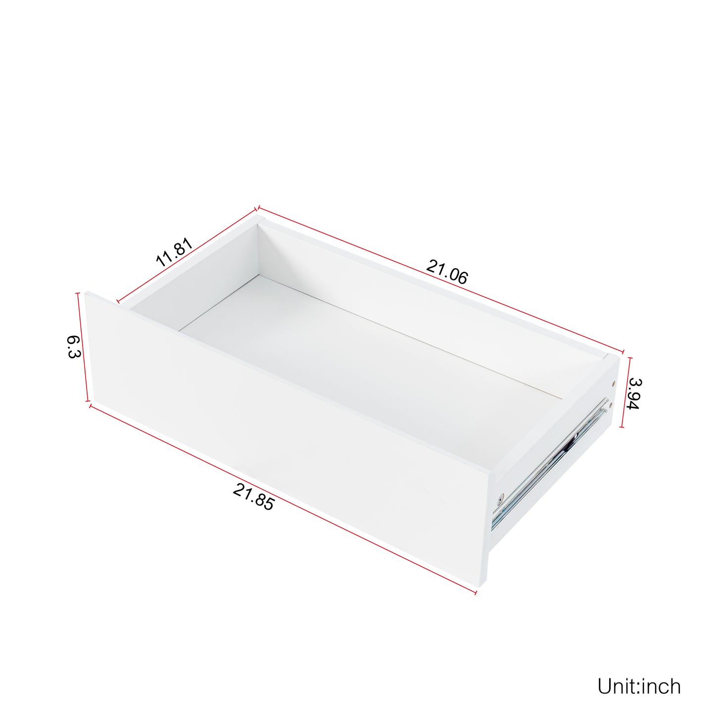 White wood drawer with metal glides and visible dimensions
