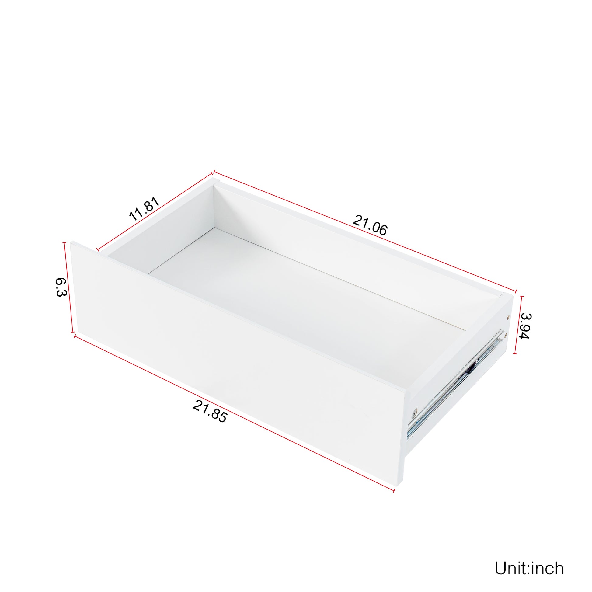 White wood drawer with metal glides and visible dimensions
