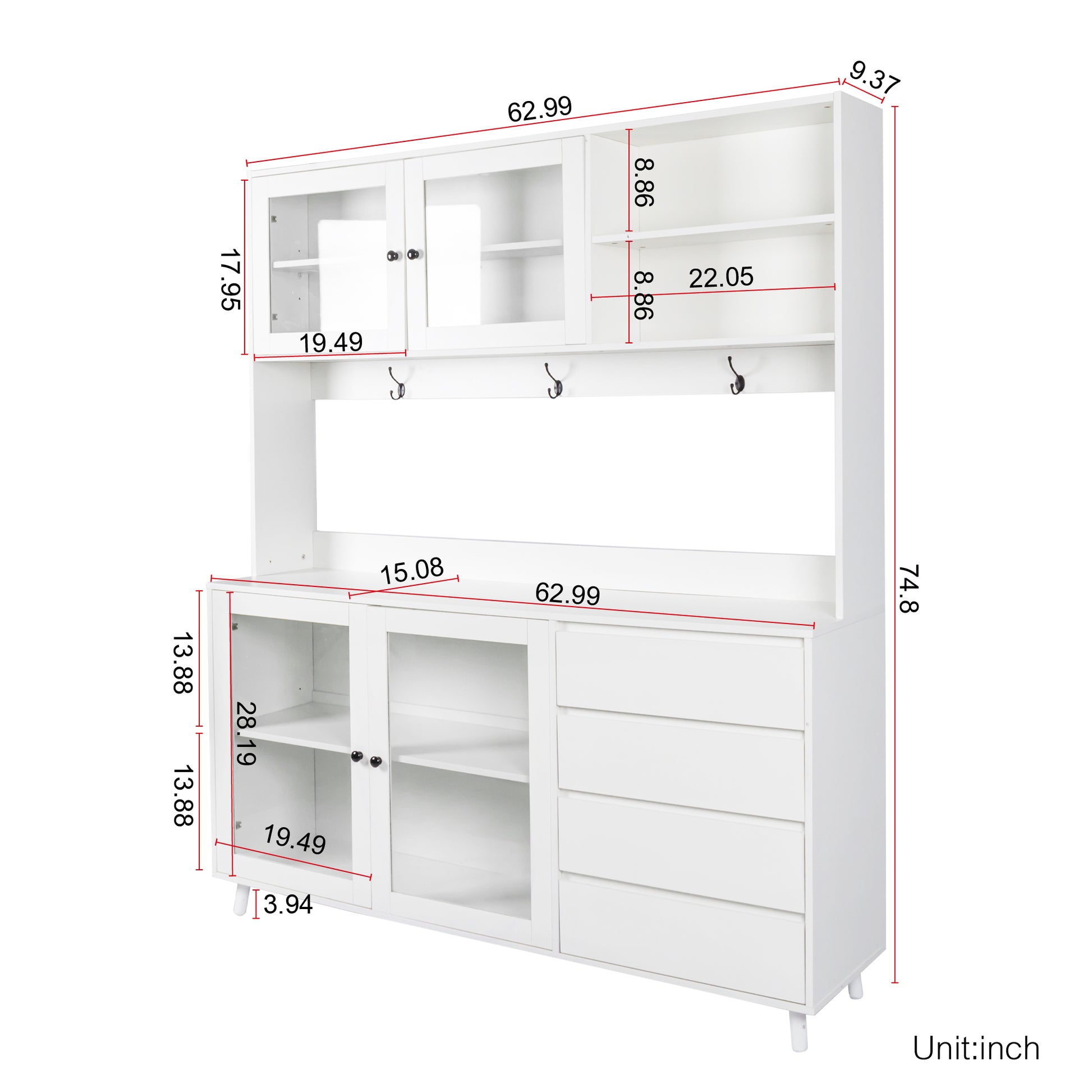 White wood china cabinet with glass doors and drawers