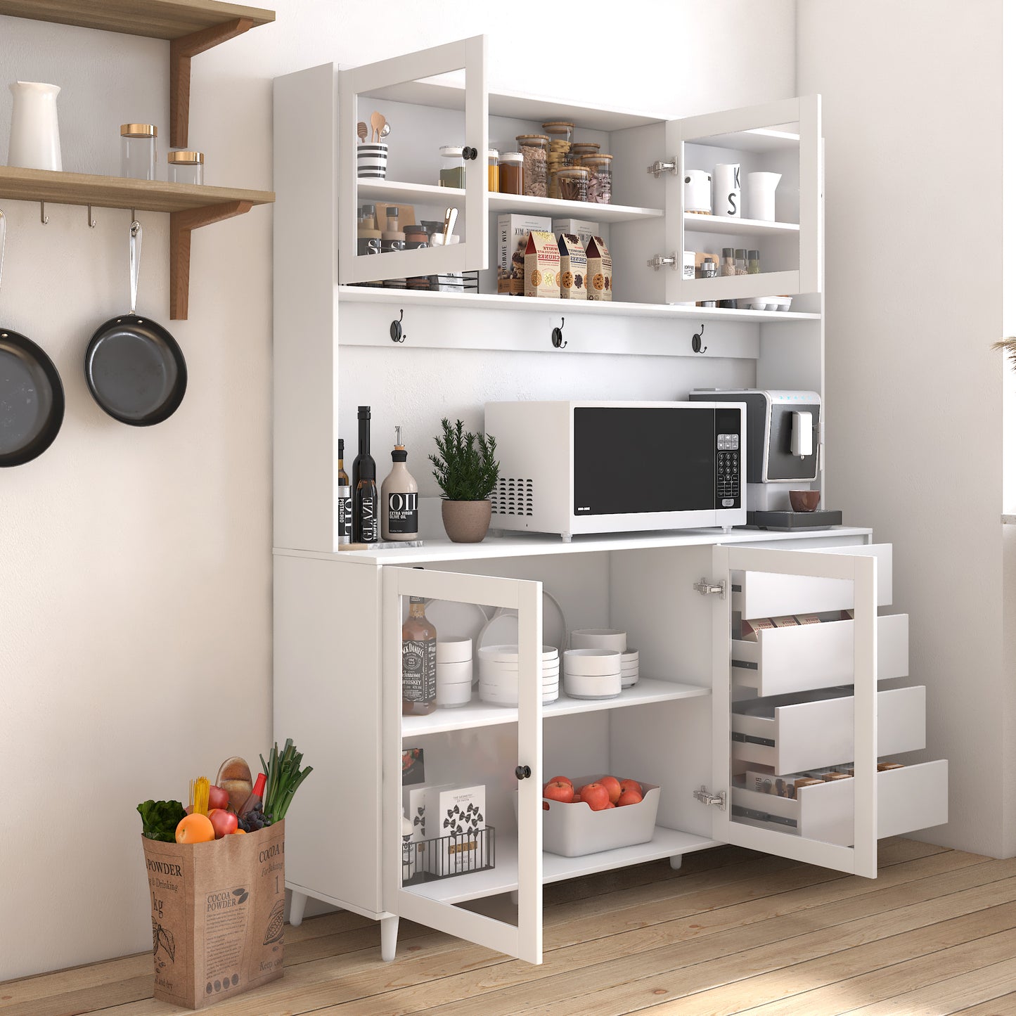White kitchen pantry with glass doors and open shelving
