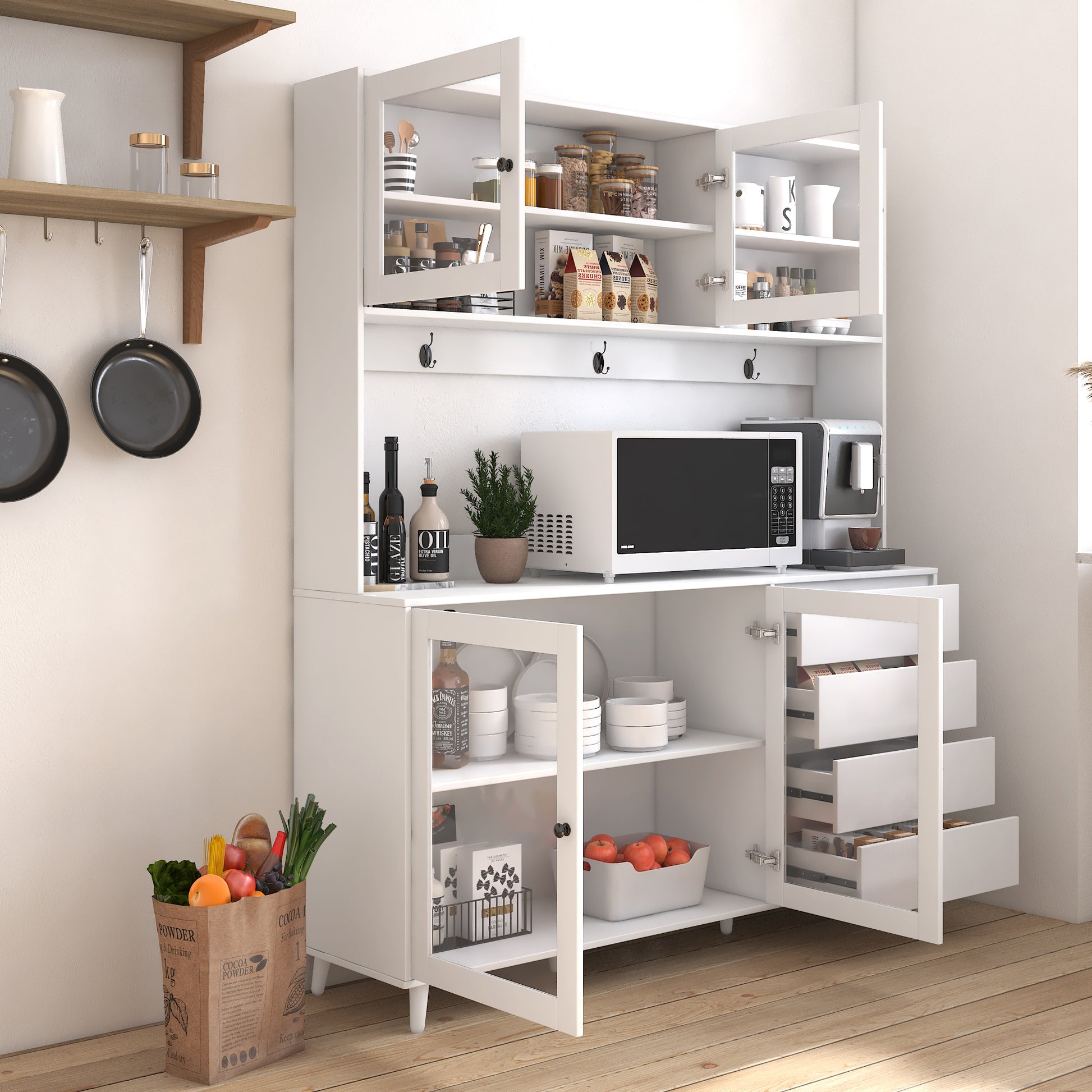 White kitchen pantry with glass doors and open shelving