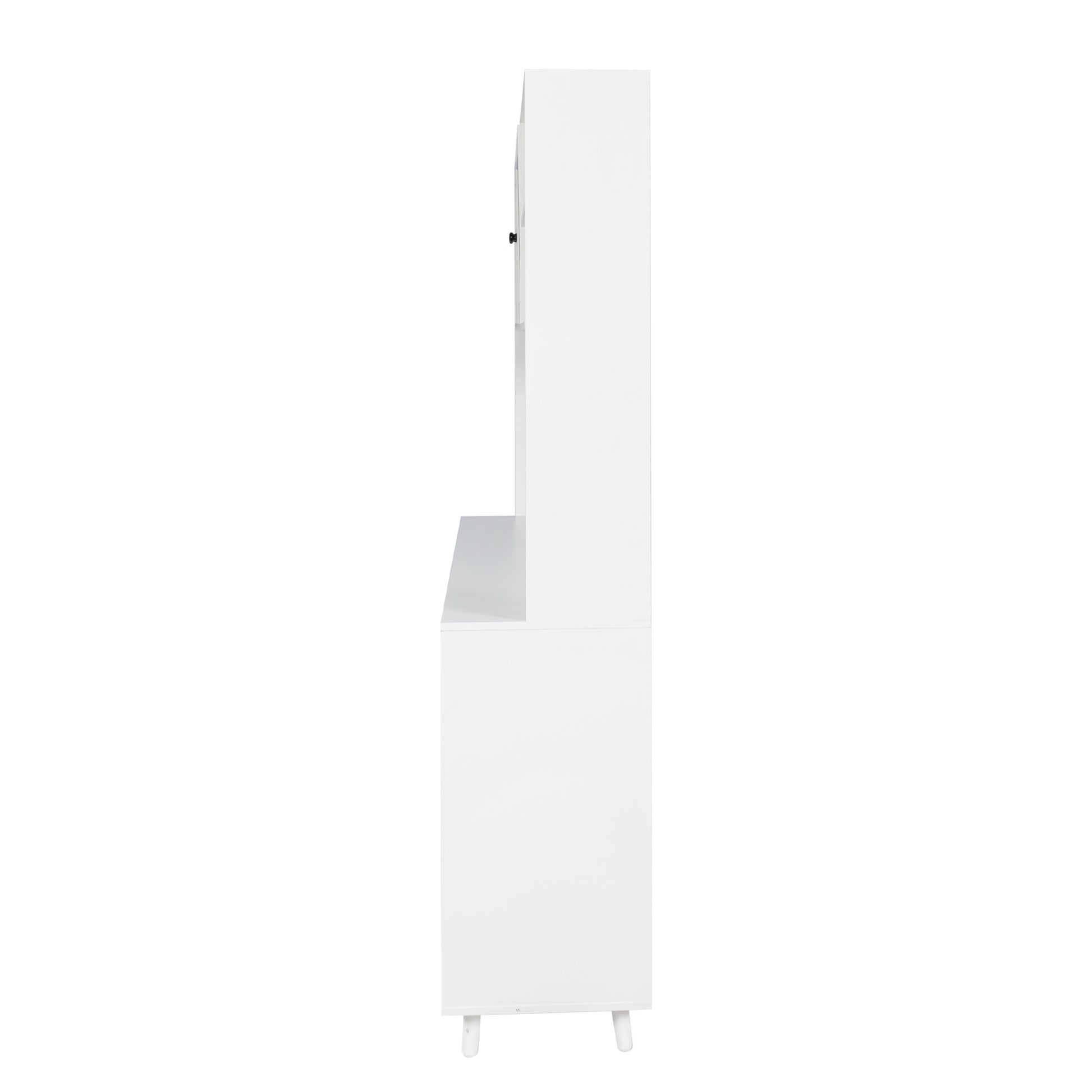 Side view of white modern hutch with shelf and cabinet