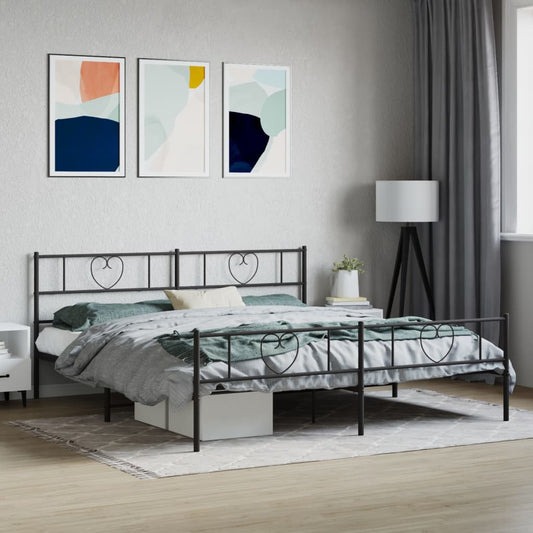 Black metal bed frame with heartshaped headboard and patterned bedding
