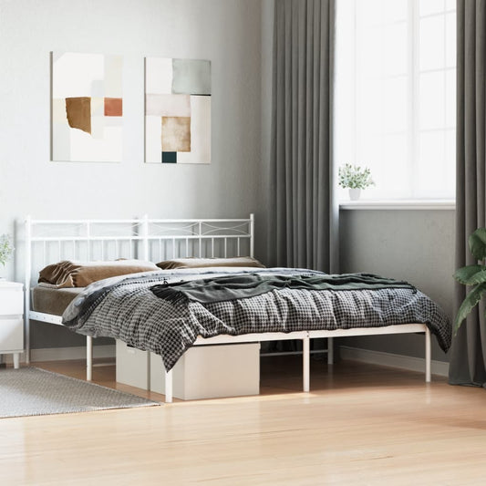 White metal platform bed frame with storage drawers and decorative headboard