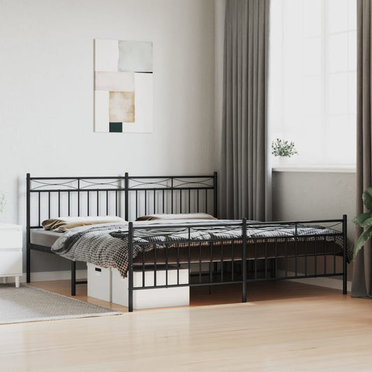 Black metal bed frame with a decorative headboard in a modern bedroom setting