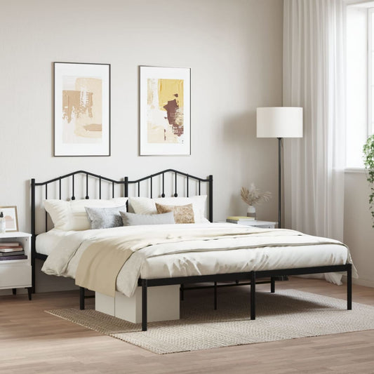 Black metal platform bed frame with arched headboard and footboard queen size
