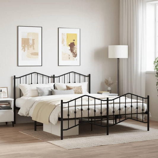 Black metal bed frame with ornate headboard and footboard queen size with patterned bedding