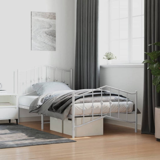 Classic white metal bed frame with decorative headboard and footboard