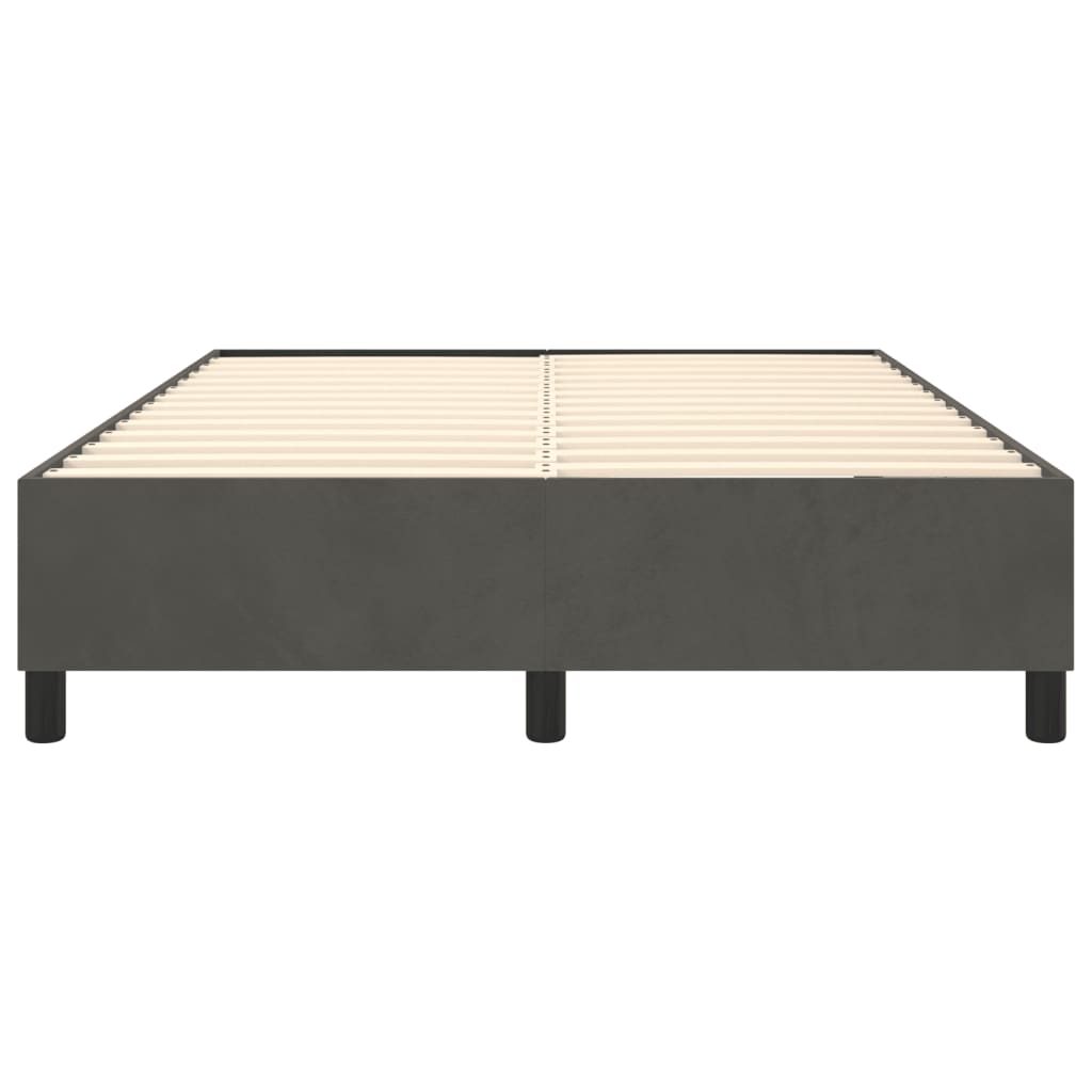 Dark grey upholstered platform bed frame with wooden slats
