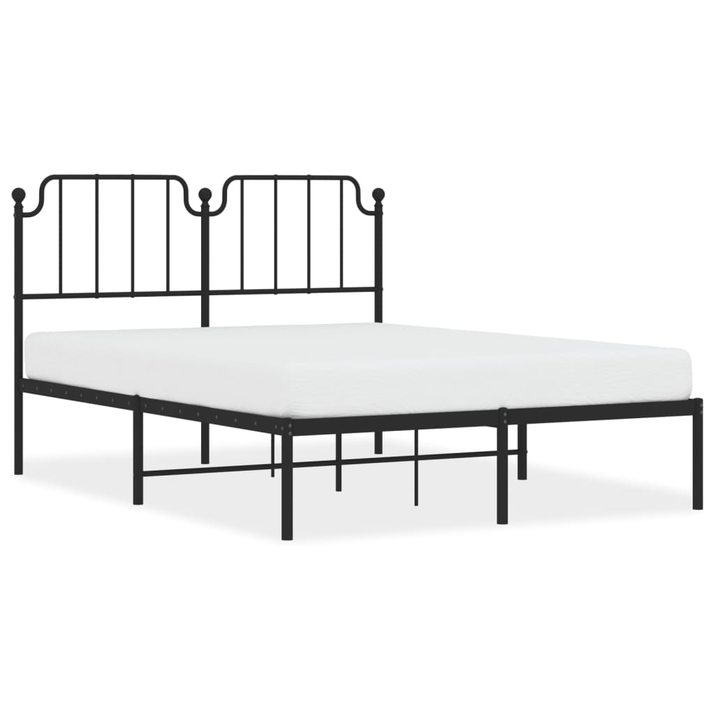 Black metal bed frame with decorative headboard and footboard dimensions labeled