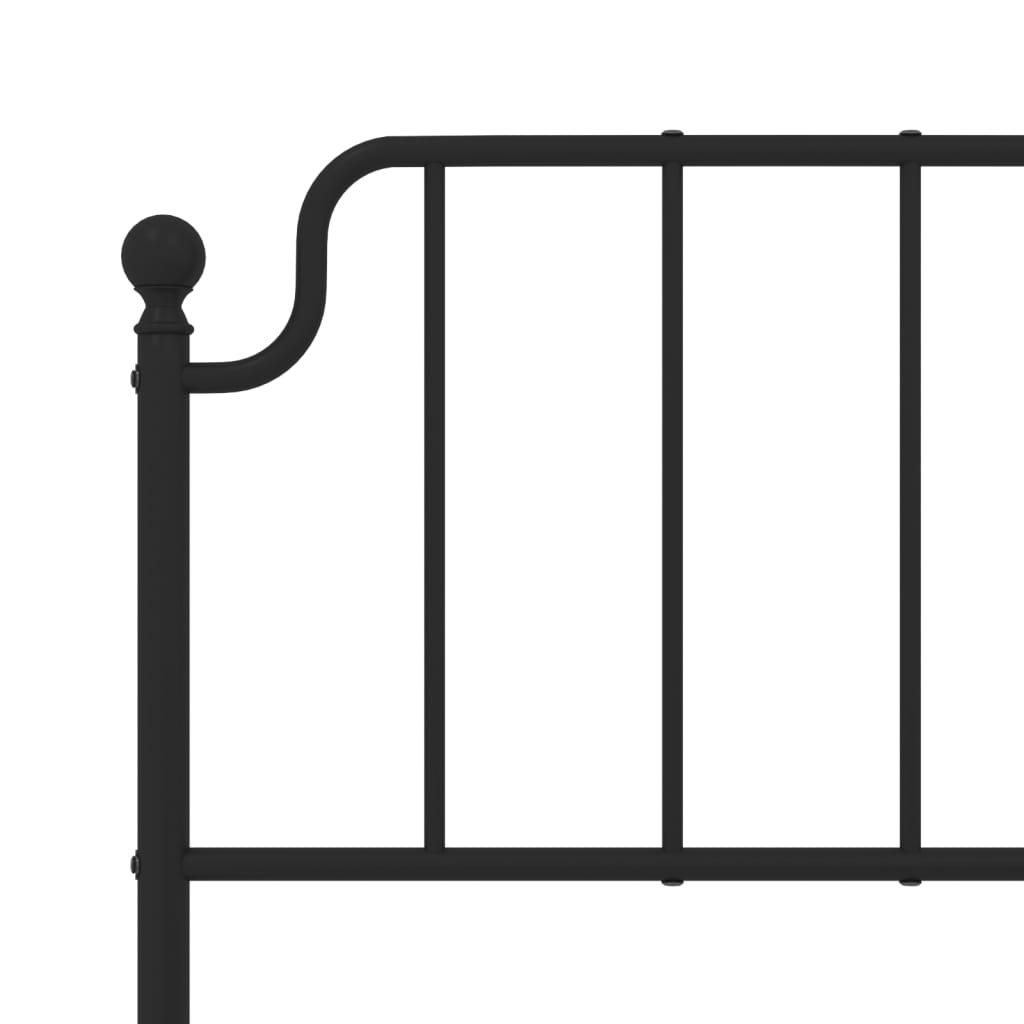 Black metal bed frame with ornate headboard and supportive slats