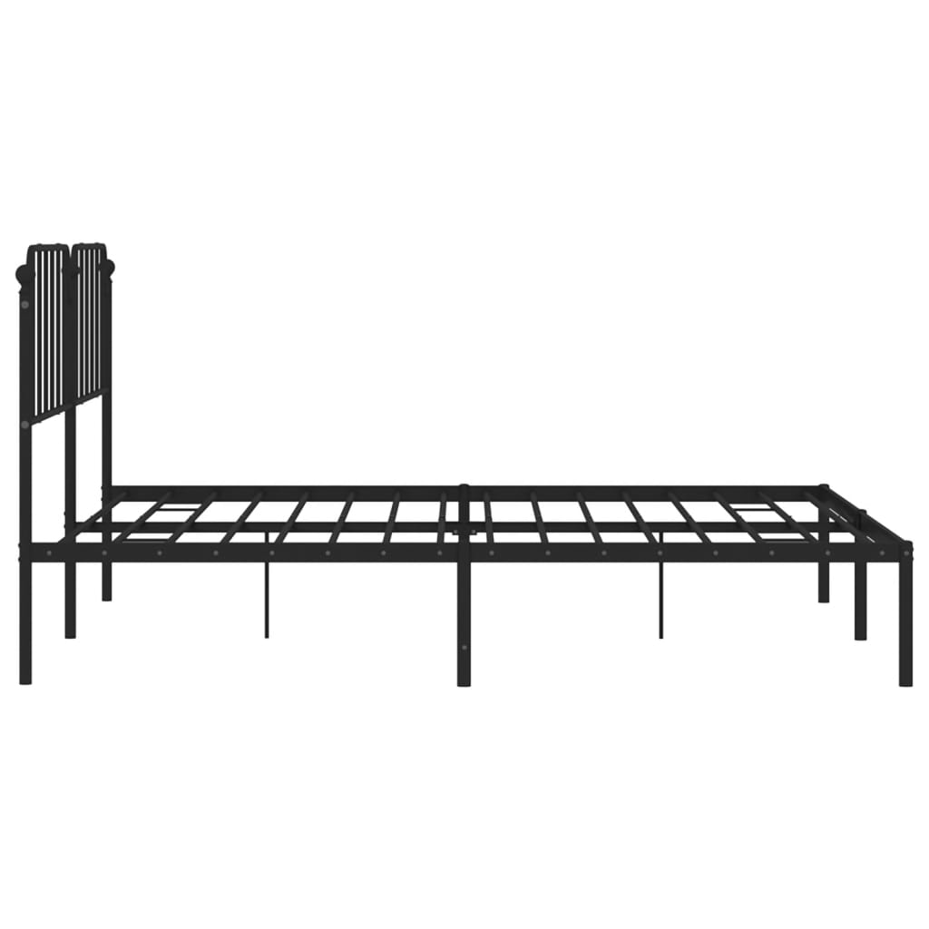 Black metal platform bed frame with ornate headboard and footboard