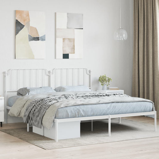 Elegant white metal bed frame with a decorative headboard and footboard