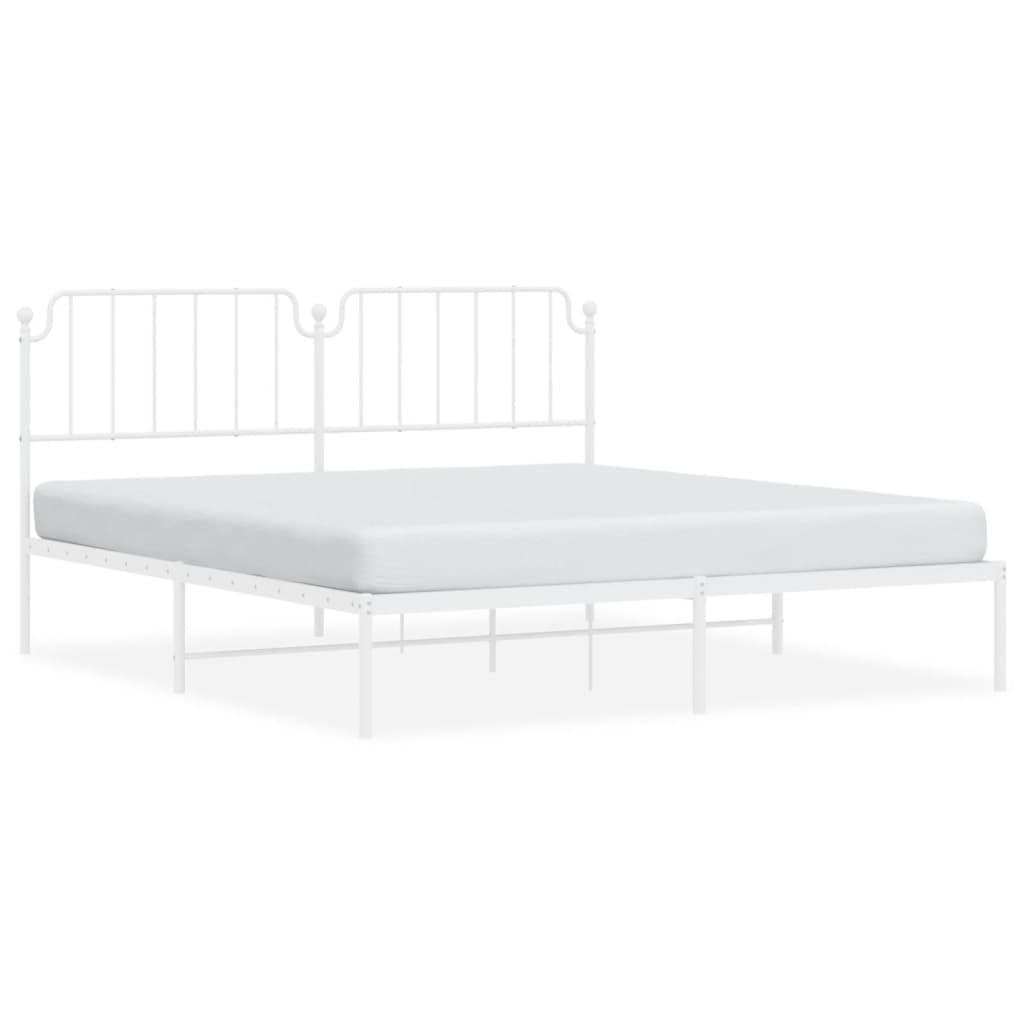 Metal bed frame with decorative headboard and slatted base white finish
