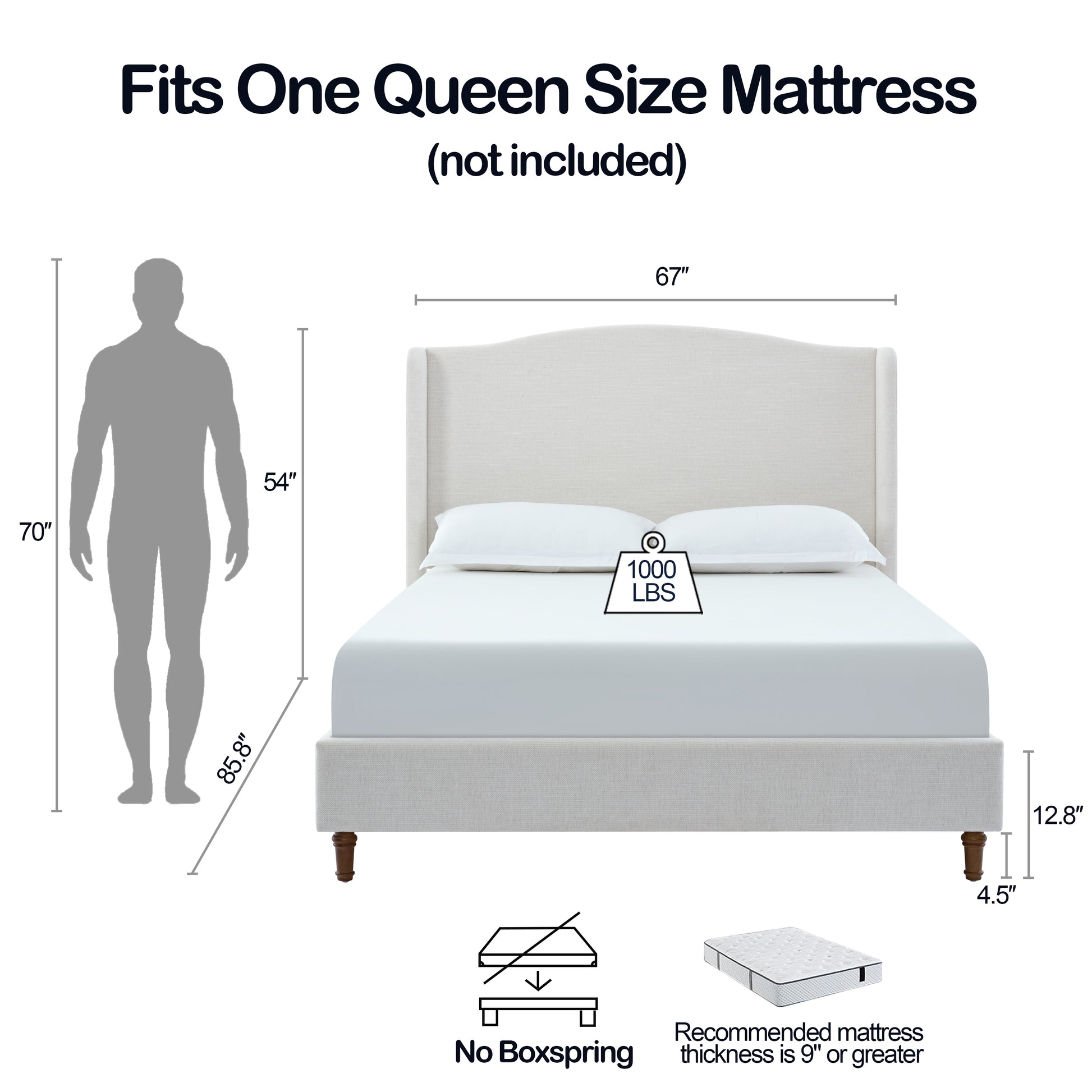 Wingback queen bed frame in light beige fabric with wooden legs
