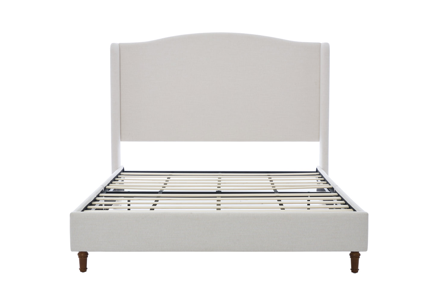 Cream upholstered bed frame with arched headboard and wooden legs