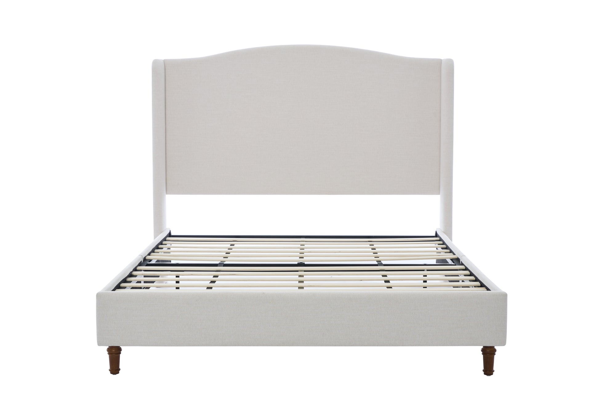 Cream upholstered bed frame with arched headboard and wooden legs