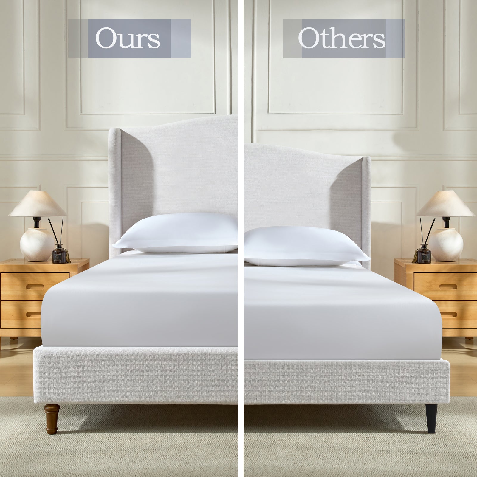 Upholstered wingback bed frame comparison left shows wooden legs right shows black legs