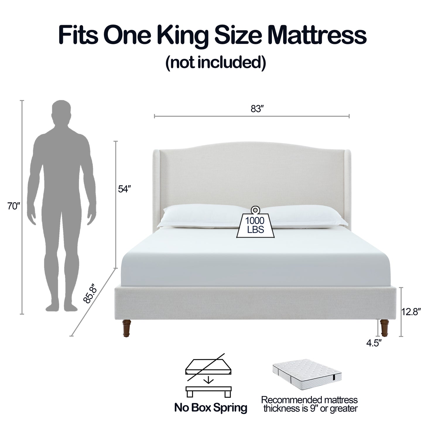 Elegant upholstered king bed frame in light beige linen