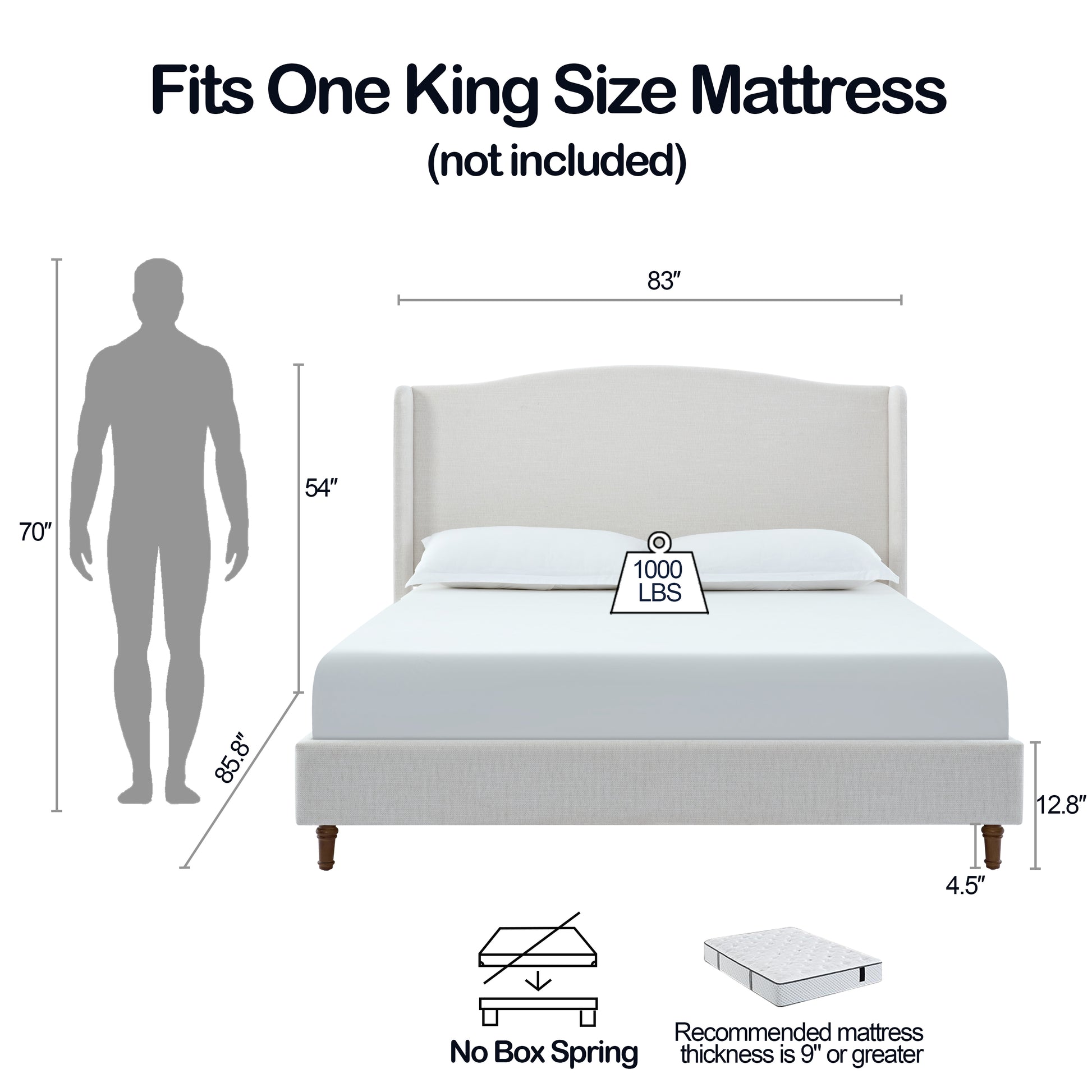 Elegant upholstered king bed frame in light beige linen