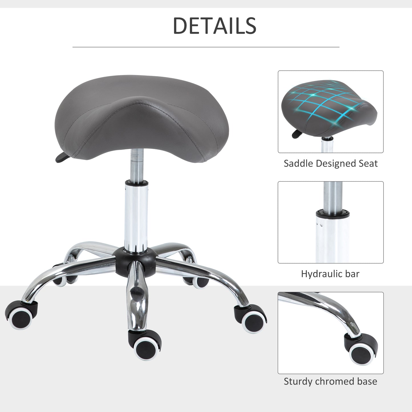 Grey ergonomic saddle stool with chrome base and wheels