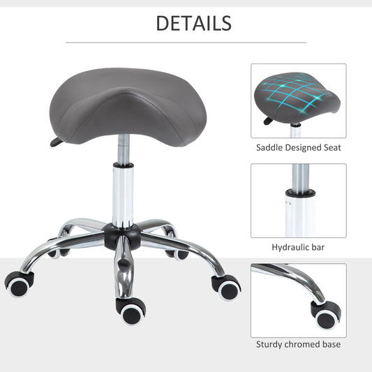 Grey ergonomic saddle stool with chrome base and wheels