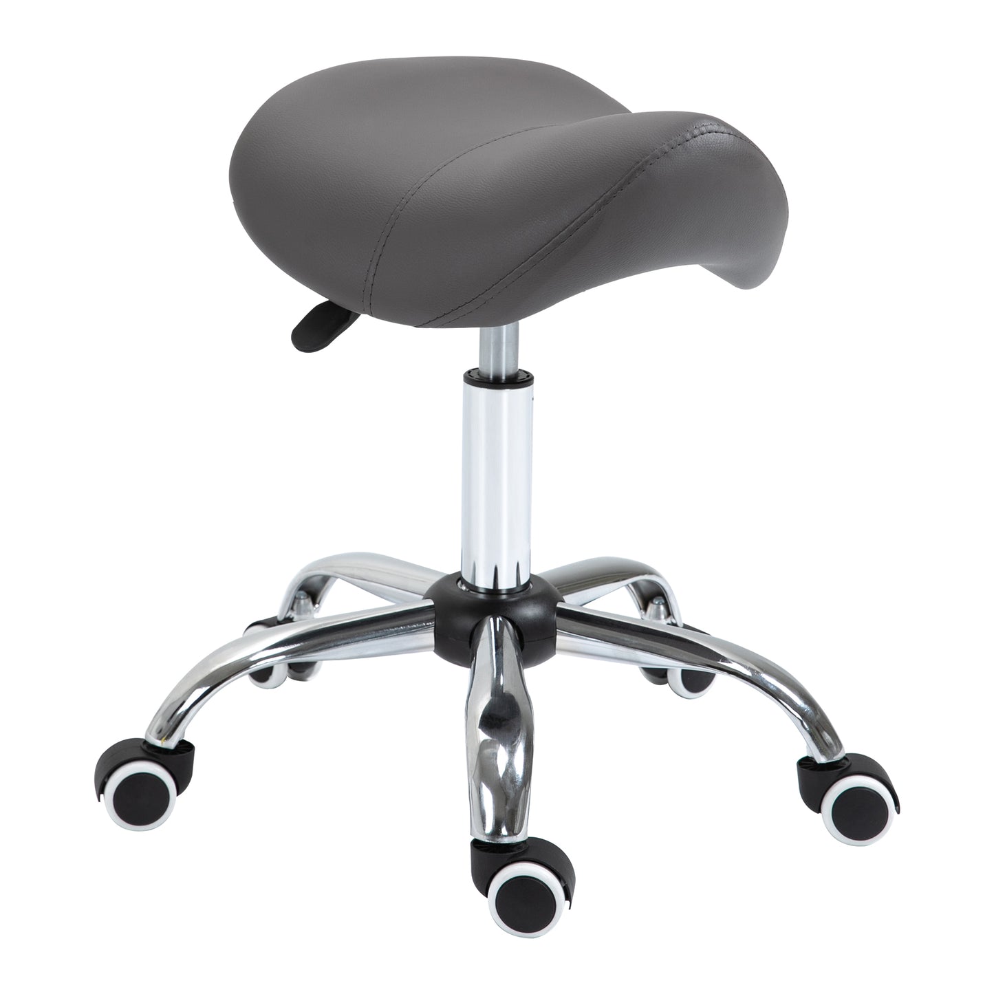 Grey faux leather saddle stool with chrome base and wheels