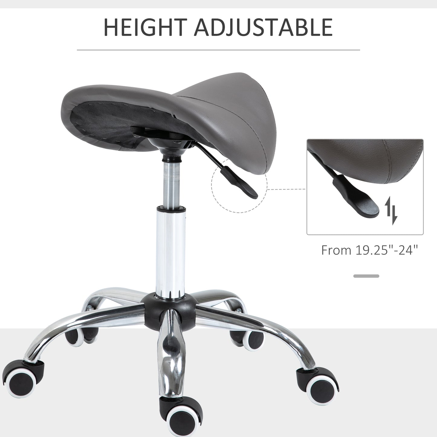Gray leather saddle stool with adjustable height and chrome base
