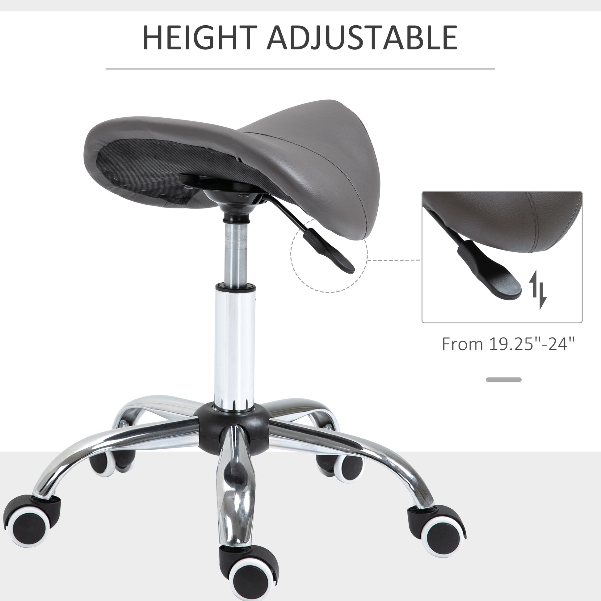 Gray leather saddle stool with adjustable height and chrome base